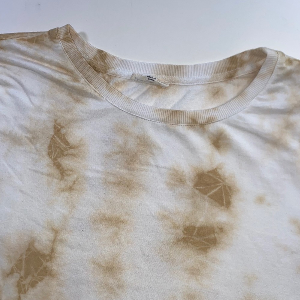 June and Delancey Womens Tan White Tie Dye Ruched Long Sleeve Top Large